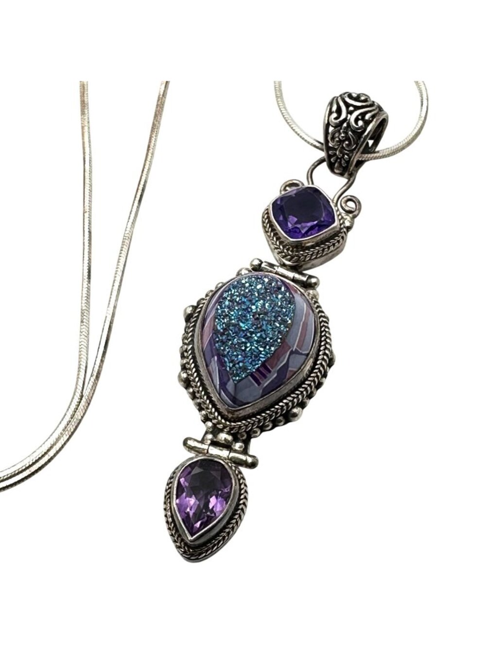 Sarda Amethyst Drusy Quartz Sterling Silver Pendant Necklace 22 Grams 20 Inch Ch